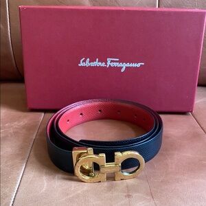 Salvatore Ferragamo Black and Red Belt with Gold Gancini Buckle